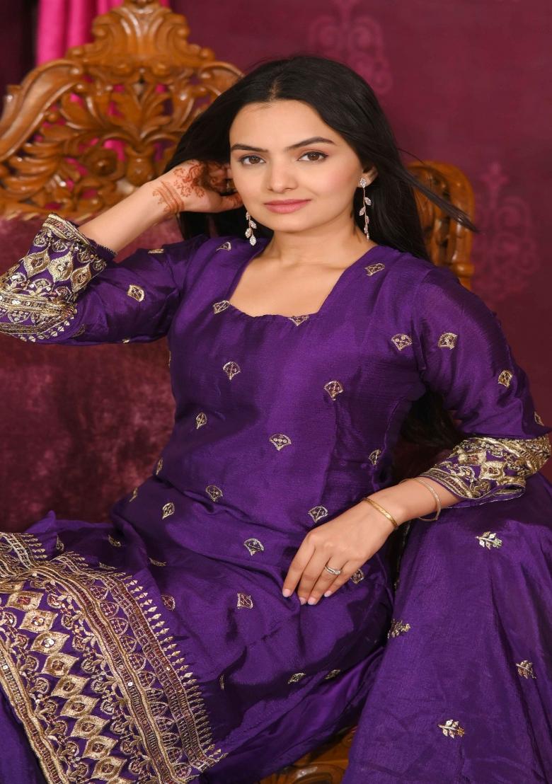 Peach Sequin Work Chinon Salwar Kameez With Dupatta