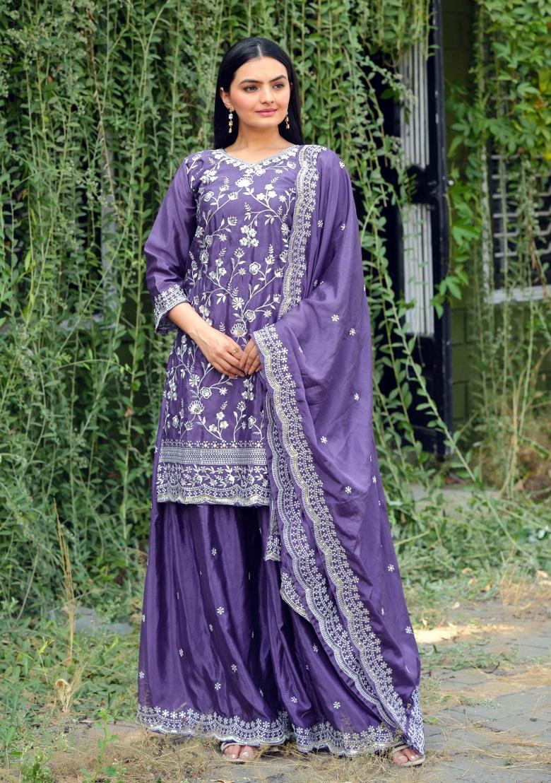 Yellow Sequin Work Chinon Salwar Kameez With Dupatta