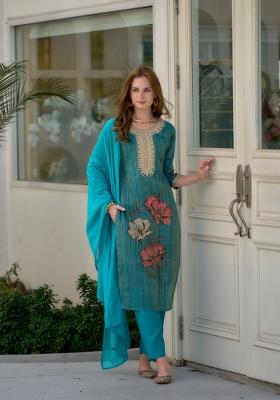 Sky Blue Floral Print Tissue Salwar Kameez With Dupatta