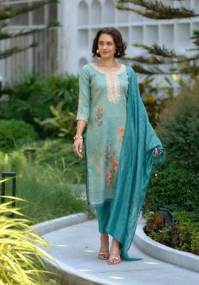 Sky Blue Floral Print Tissue Salwar Kameez With Dupatta
