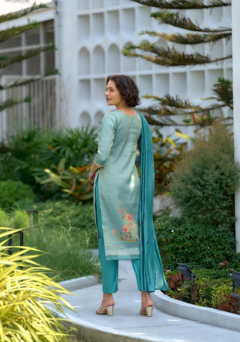 Sky Blue Floral Print Tissue Salwar Kameez With Dupatta