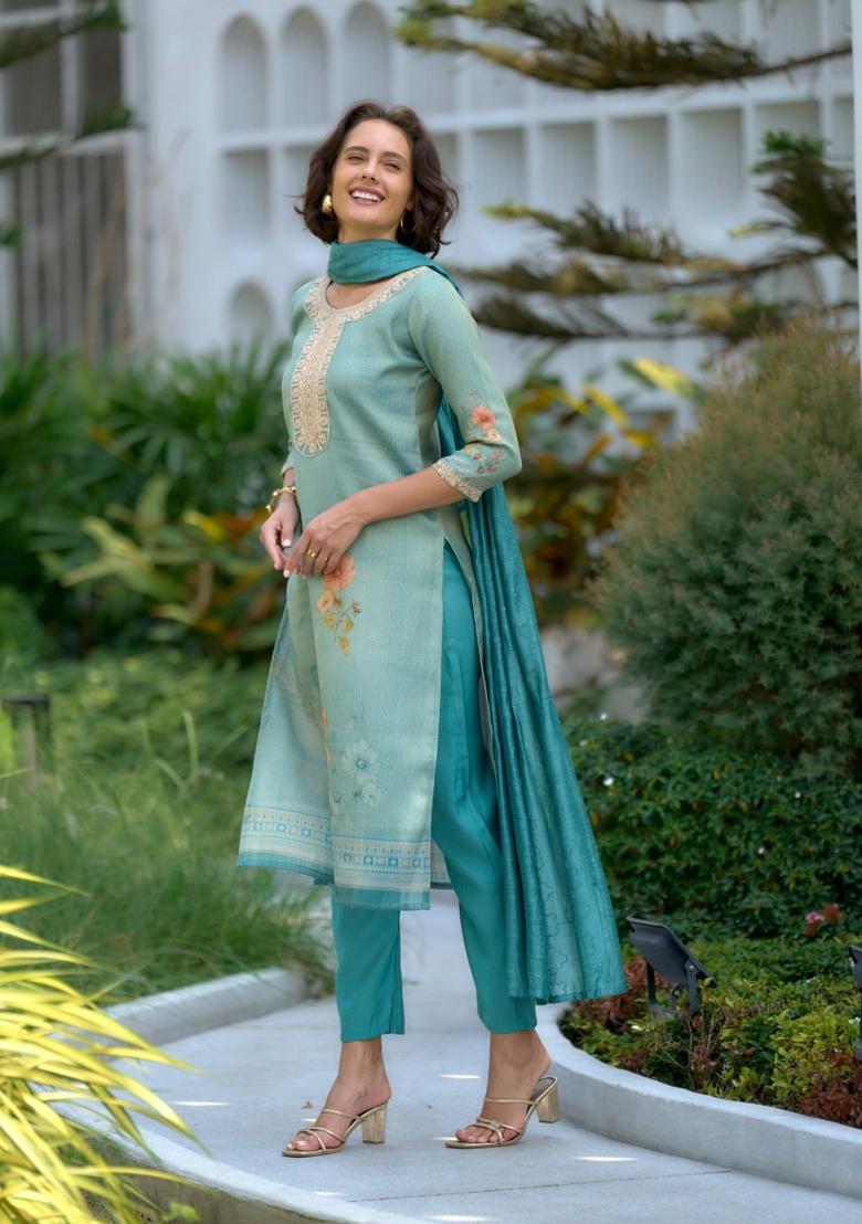 Sky Blue Floral Print Tissue Salwar Kameez With Dupatta