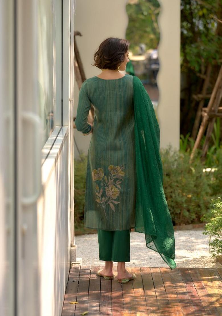 Green Floral Print Tissue Salwar Kameez With Dupatta