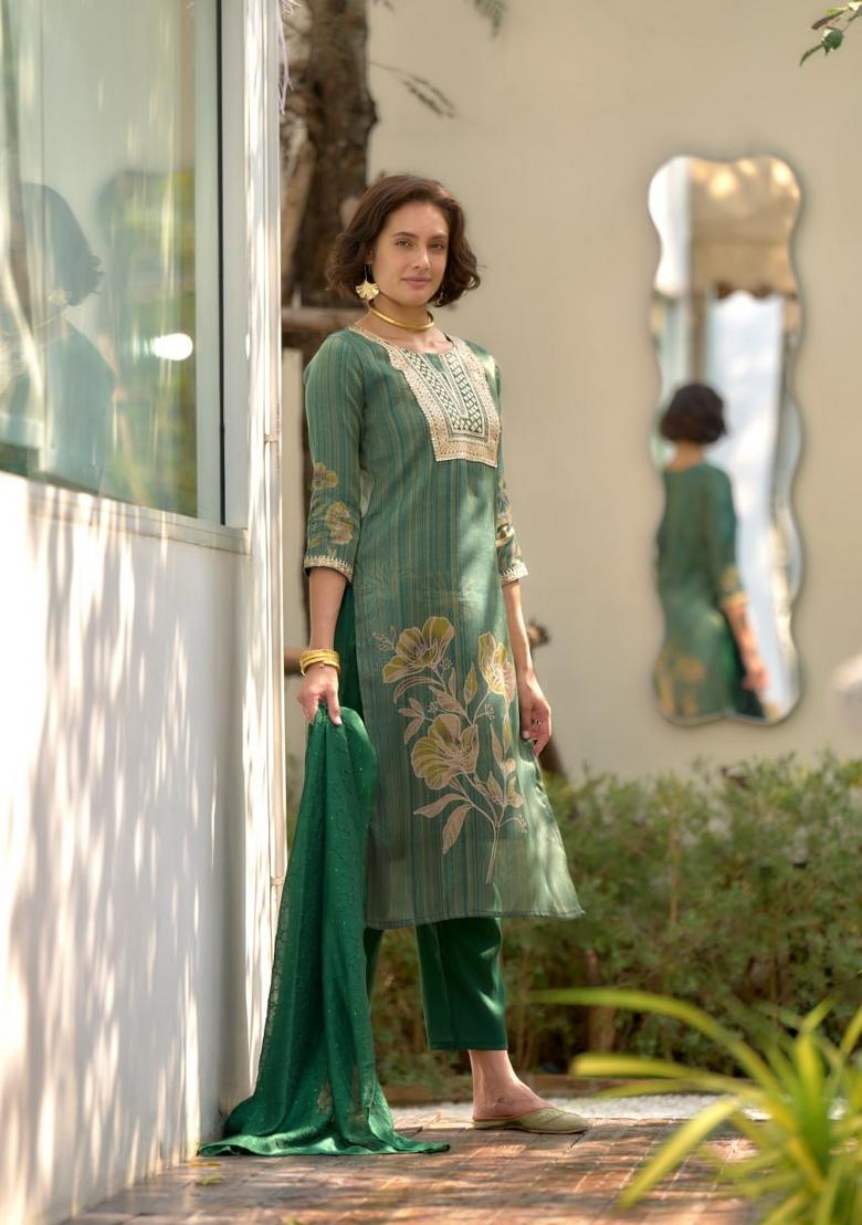 Green Floral Print Tissue Salwar Kameez With Dupatta
