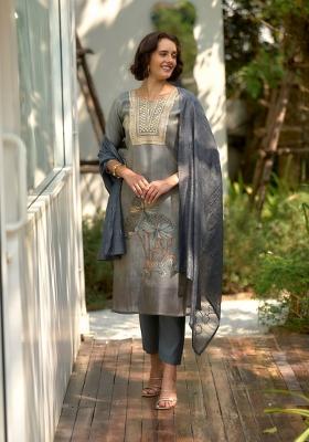 Grey Floral Print Tissue Salwar Kameez With Dupatta