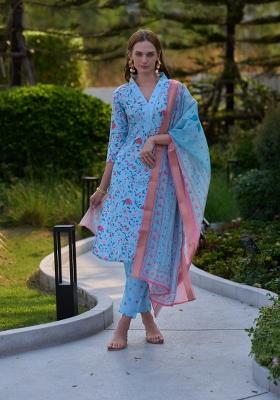 Sky Blue Floral Print Vichitra Salwar Kameez With Dupatta