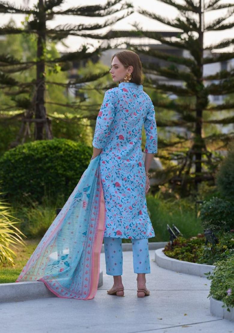 Sky Blue Floral Print Vichitra Salwar Kameez With Dupatta