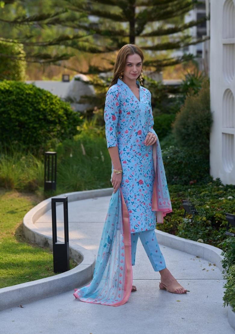 Sky Blue Floral Print Vichitra Salwar Kameez With Dupatta