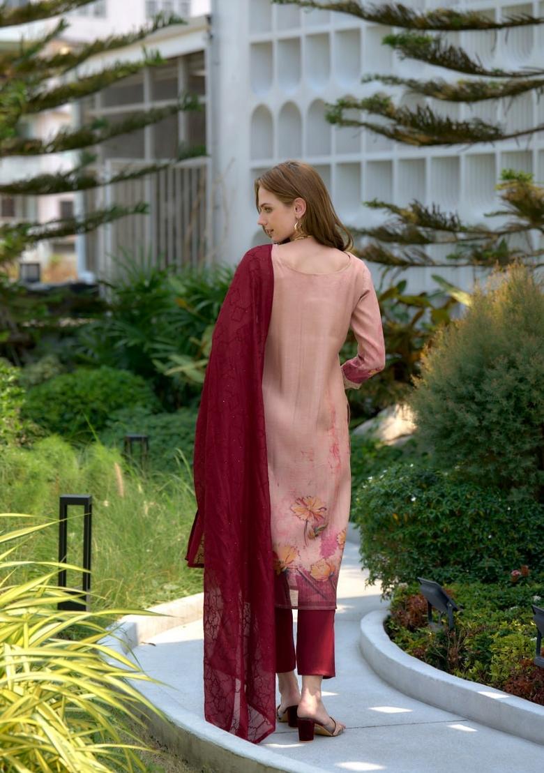 Peach Floral Print Tissue Salwar Kameez With Dupatta