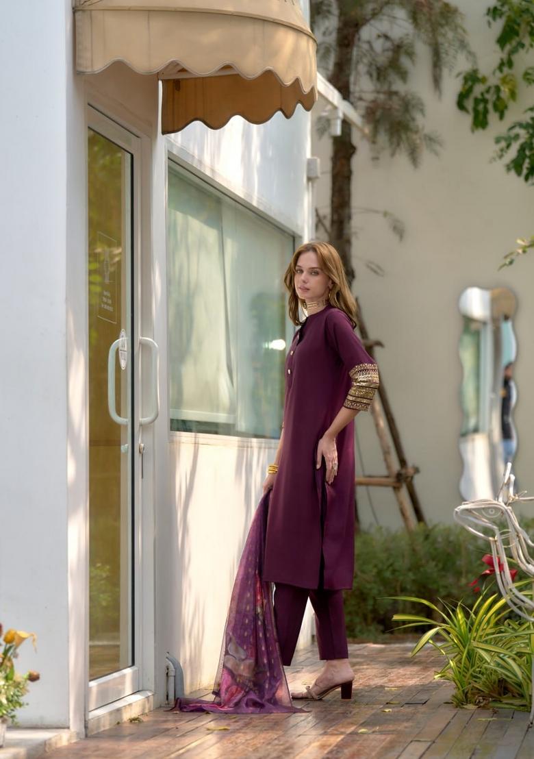 Wine Embroidered Rayon Salwar Kameez With Dupatta