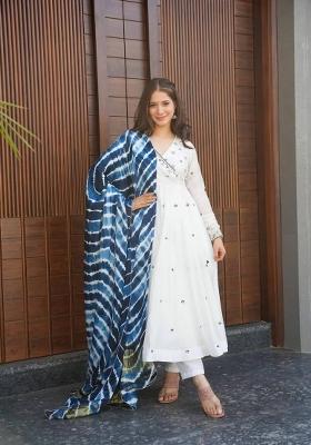 White Embroidered Cotton Blend Salwar Kameez With Dupatta