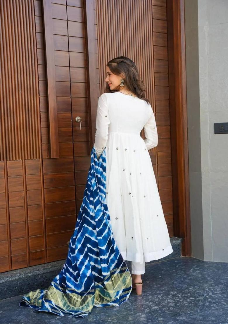 White Embroidered Cotton Blend Salwar Kameez With Dupatta