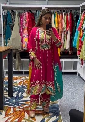 Pink Embroidered Cotton Blend Salwar Kameez With Dupatta