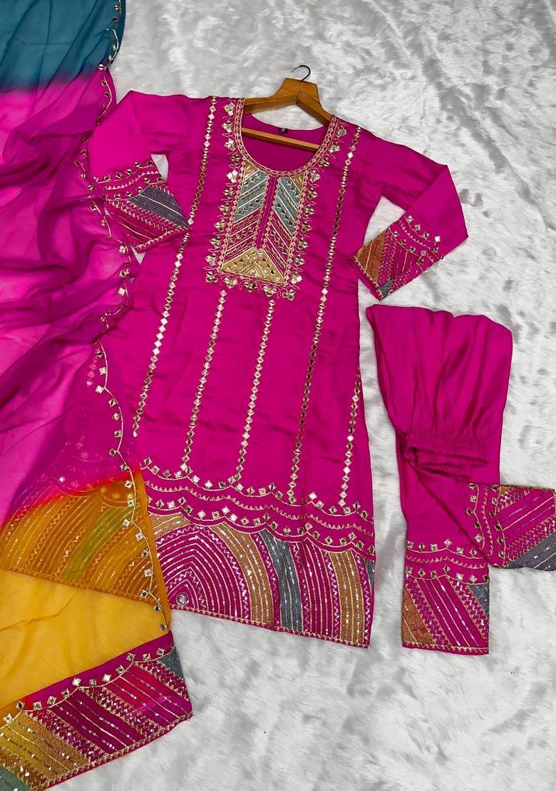 Pink Embroidered Cotton Blend Salwar Kameez With Dupatta