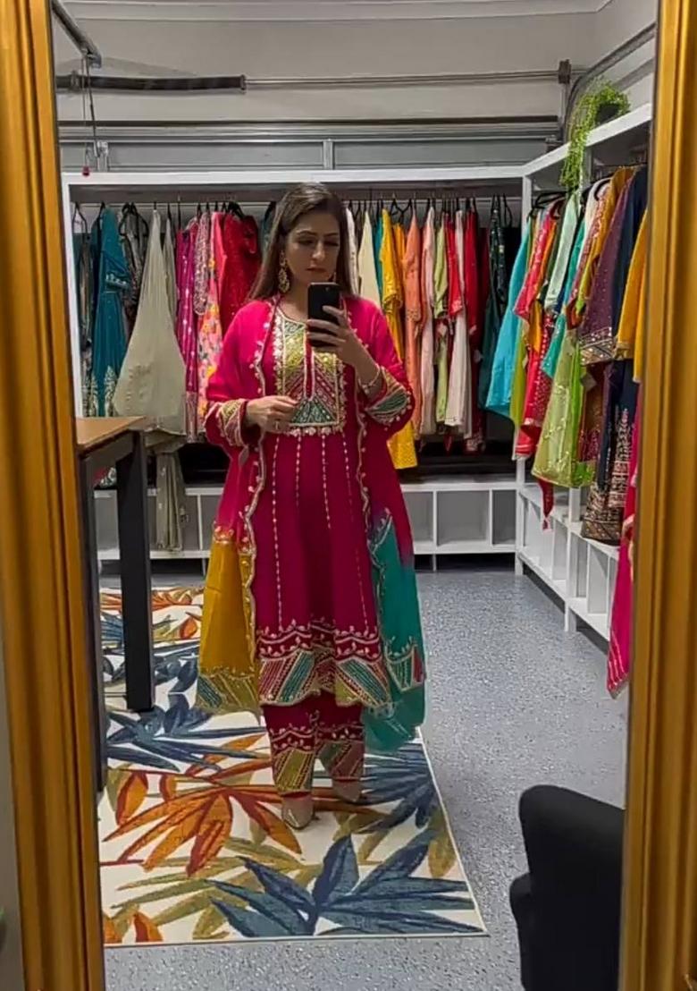 Pink Embroidered Cotton Blend Salwar Kameez With Dupatta