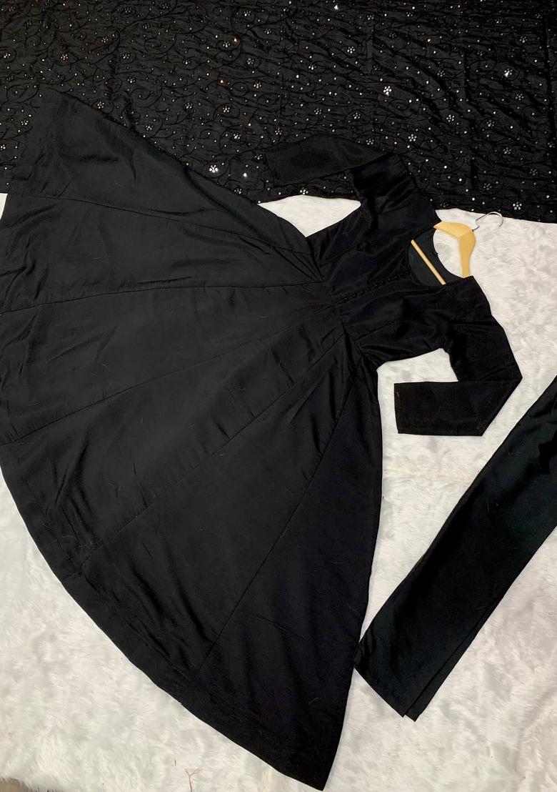 Black Solid Cotton Blend Salwar Kameez With Dupatta