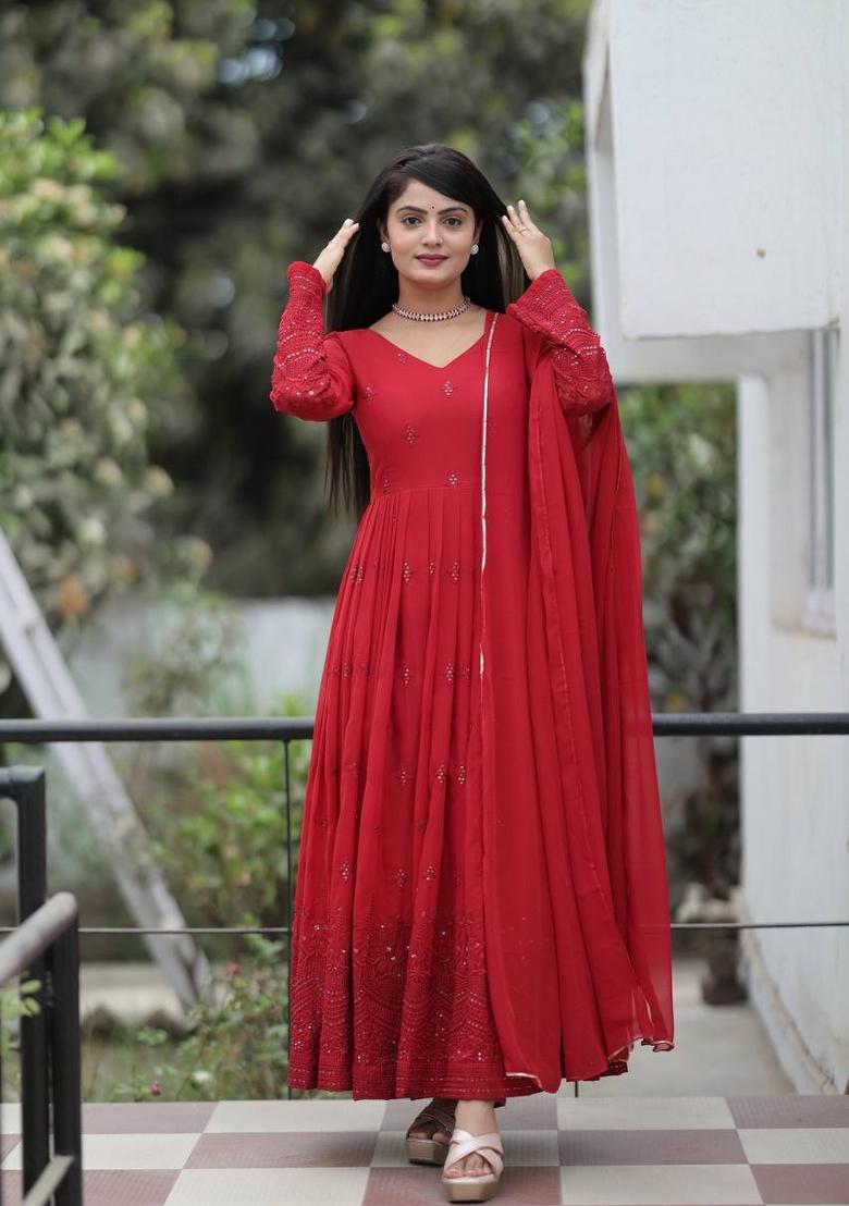 Maroon Embroidered Georgette Salwar Kameez With Dupatta