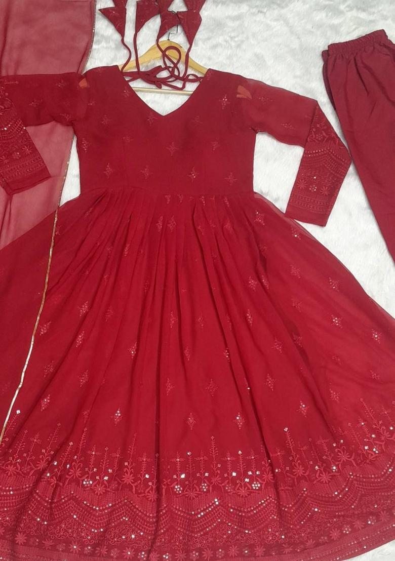 Maroon Embroidered Georgette Salwar Kameez With Dupatta
