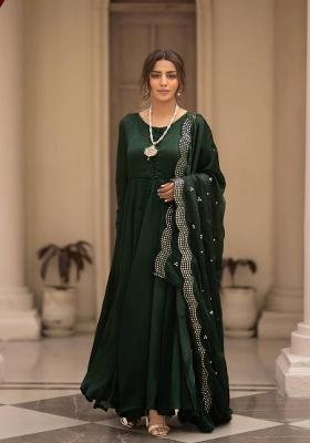 Green Solid Cotton Blend Salwar Kameez With Dupatta