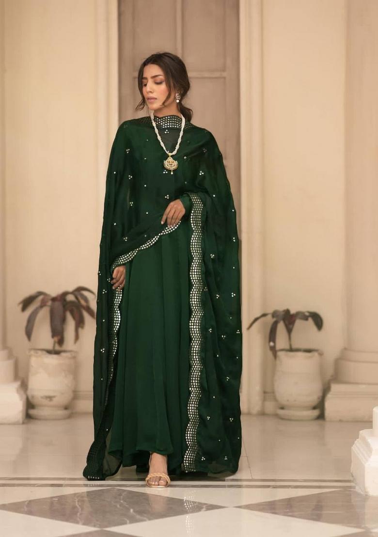 Green Solid Cotton Blend Salwar Kameez With Dupatta