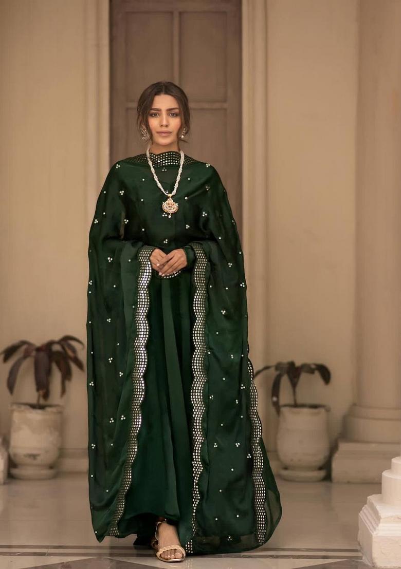 Green Solid Cotton Blend Salwar Kameez With Dupatta