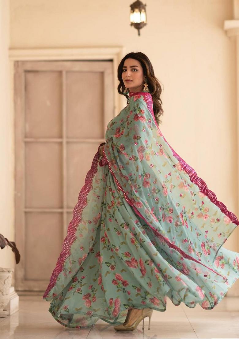 Pista Green Digital Print Chinon Salwar Kameez With Dupatta