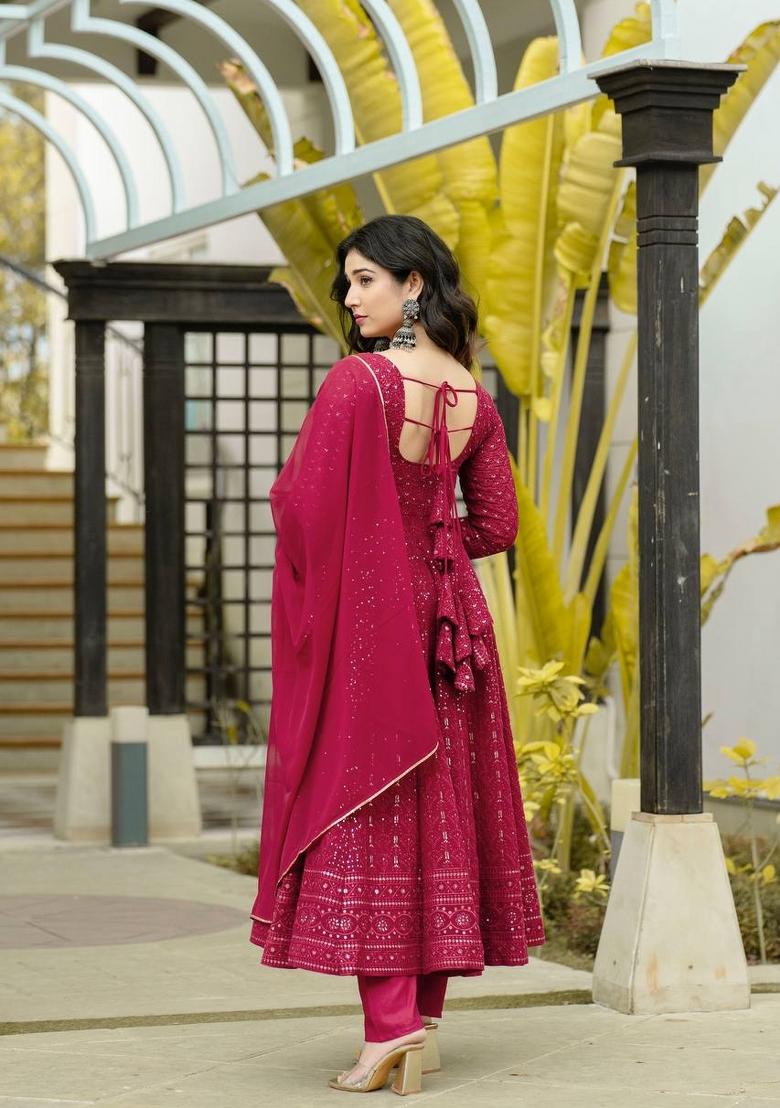 Maroon Embroidered Faux Georgette Salwar Kameez With Dupatta