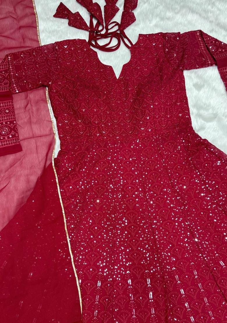 Maroon Embroidered Faux Georgette Salwar Kameez With Dupatta