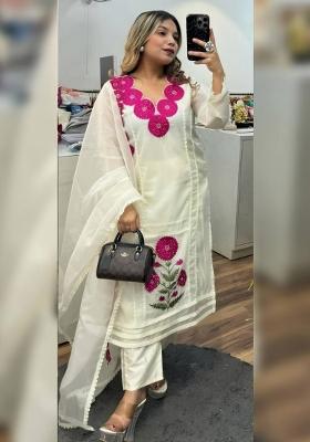 White Embroidered Faux Georgette Salwar Kameez With Dupatta