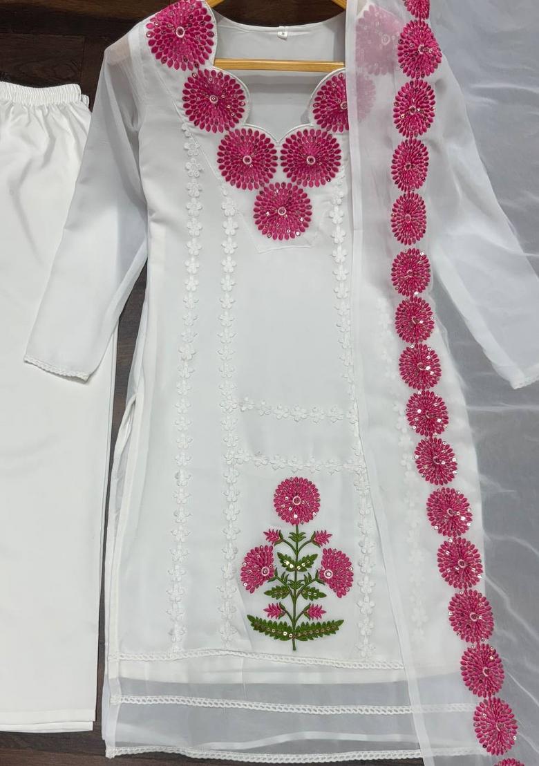 White Embroidered Faux Georgette Salwar Kameez With Dupatta