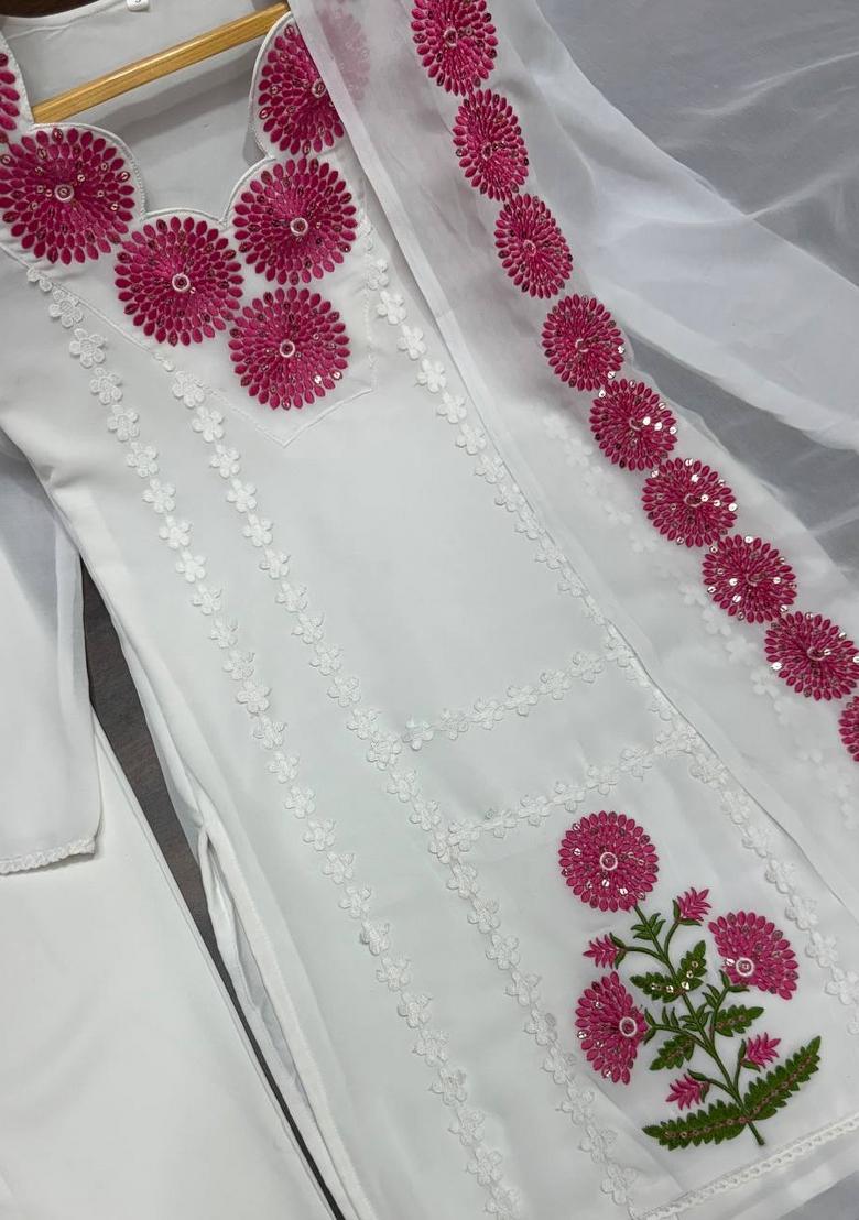 White Embroidered Faux Georgette Salwar Kameez With Dupatta