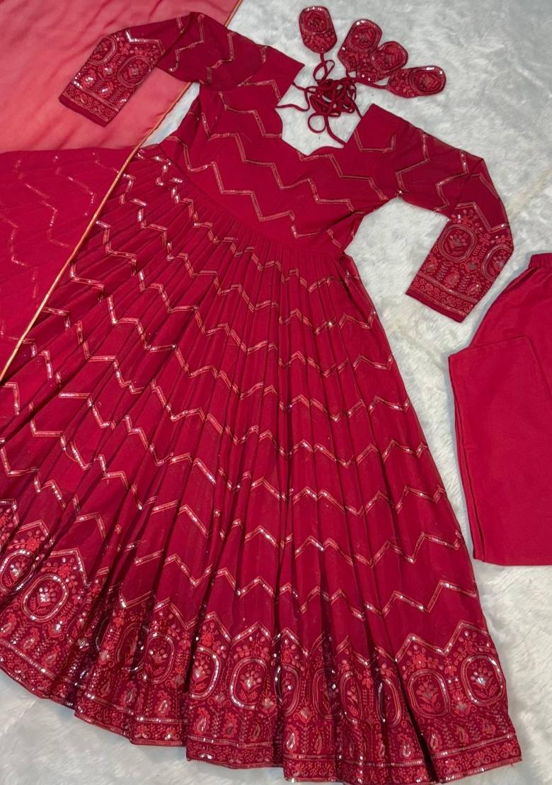 Maroon Embroidered Faux Georgette Salwar Kameez With Dupatta