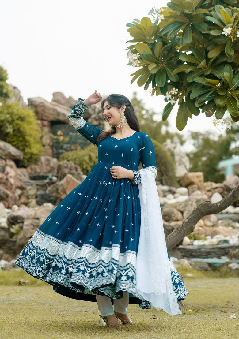 Blue Embroidered Faux Georgette Salwar Kameez With Dupatta