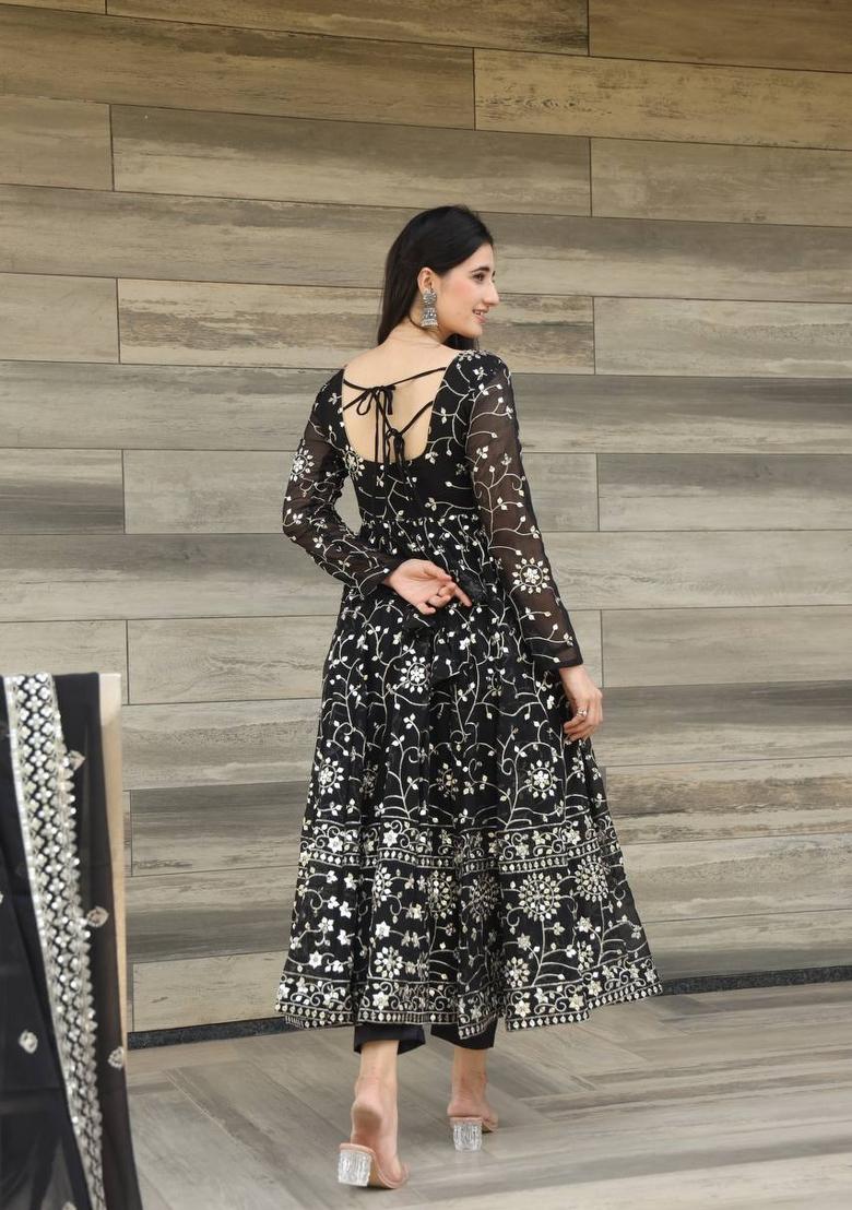 Black Embroidered Georgette Salwar Kameez With Dupatta