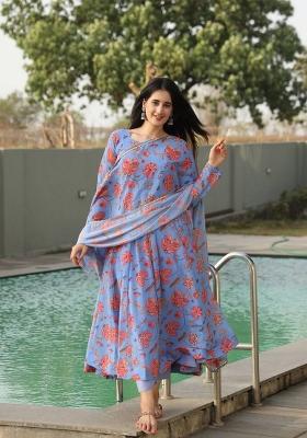 Sky Blue Digital Print Georgette Salwar Kameez With Dupatta