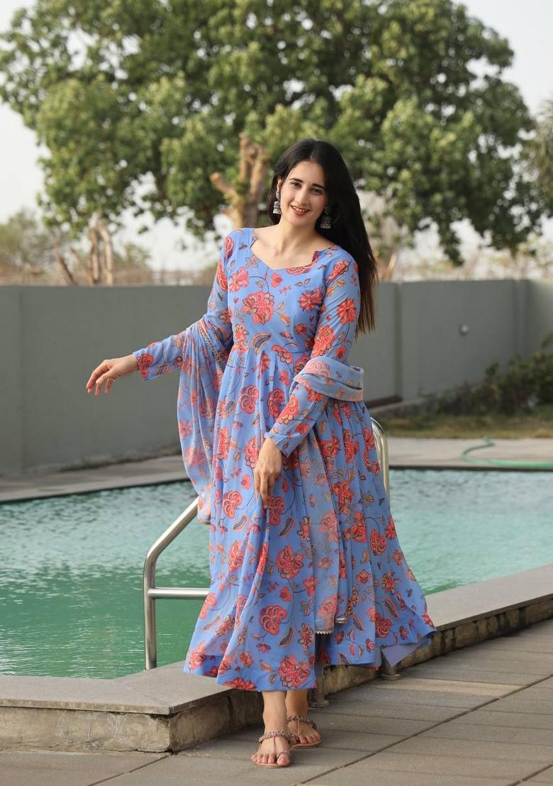 Sky Blue Digital Print Georgette Salwar Kameez With Dupatta