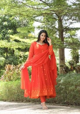 Orange Digital Print Georgette Salwar Kameez With Dupatta