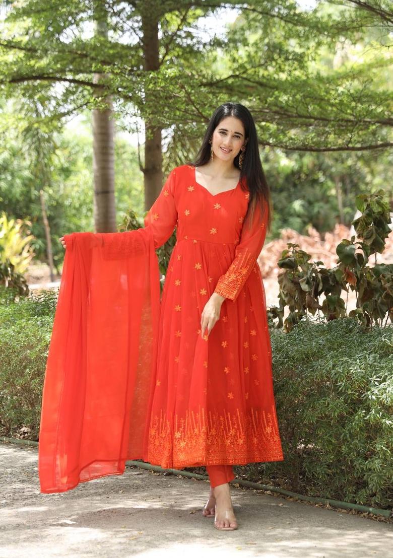 Orange Digital Print Georgette Salwar Kameez With Dupatta