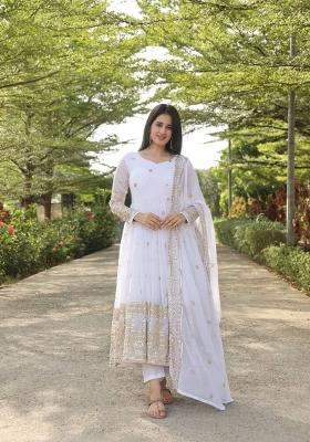 White Embroidered Georgette Salwar Kameez With Dupatta