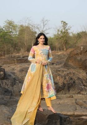 Mustard Yellow Foil Print Organza Salwar Kameez With Dupatta