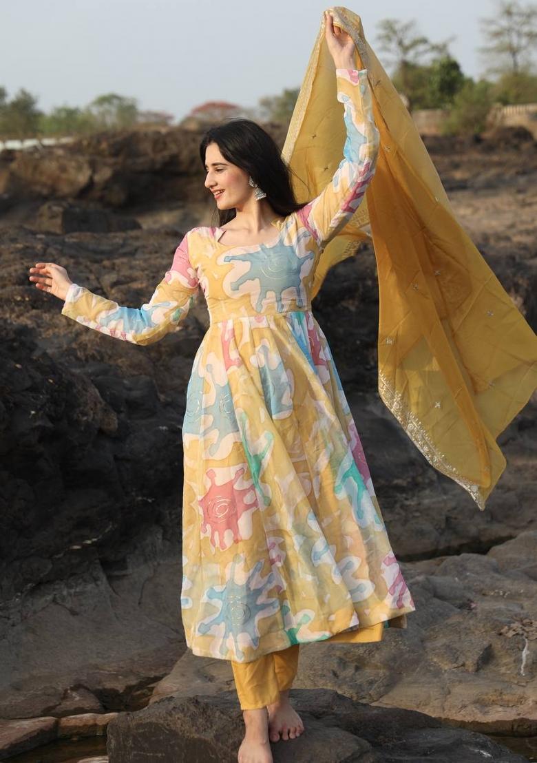 Mustard Yellow Foil Print Organza Salwar Kameez With Dupatta