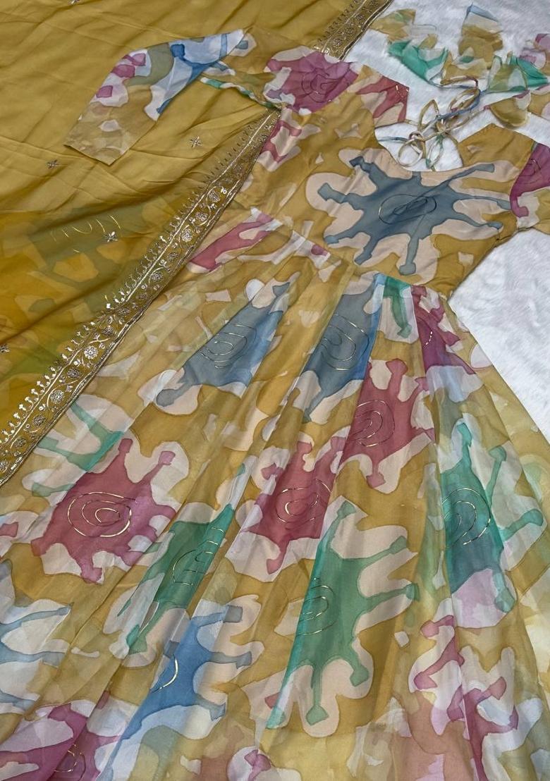 Mustard Yellow Foil Print Organza Salwar Kameez With Dupatta