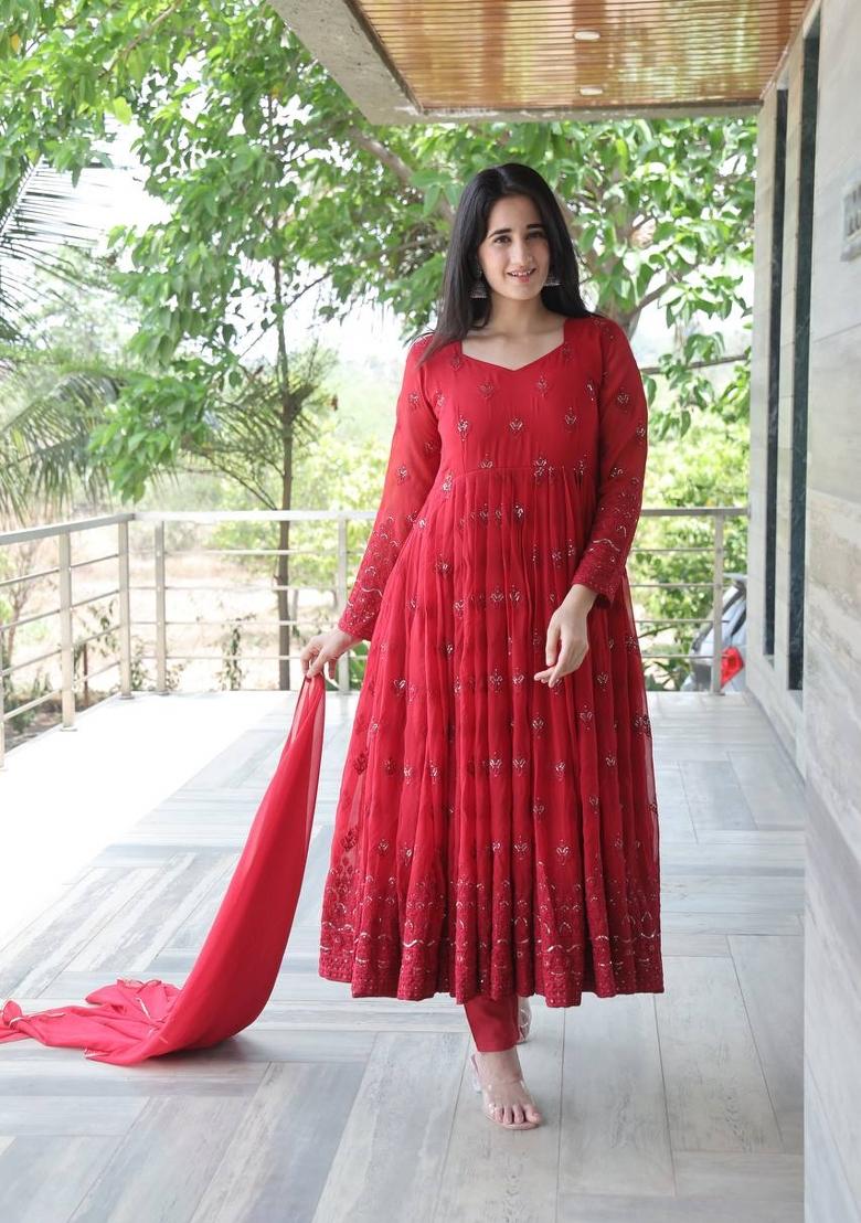 Maroon Embroidered Georgette Salwar Kameez With Dupatta