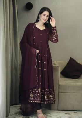 Purple Embroidered Faux Georgette Salwar Kameez With Dupatta
