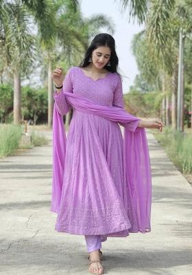 Lavender Embroidered Faux Georgette Salwar Kameez With Dupatta