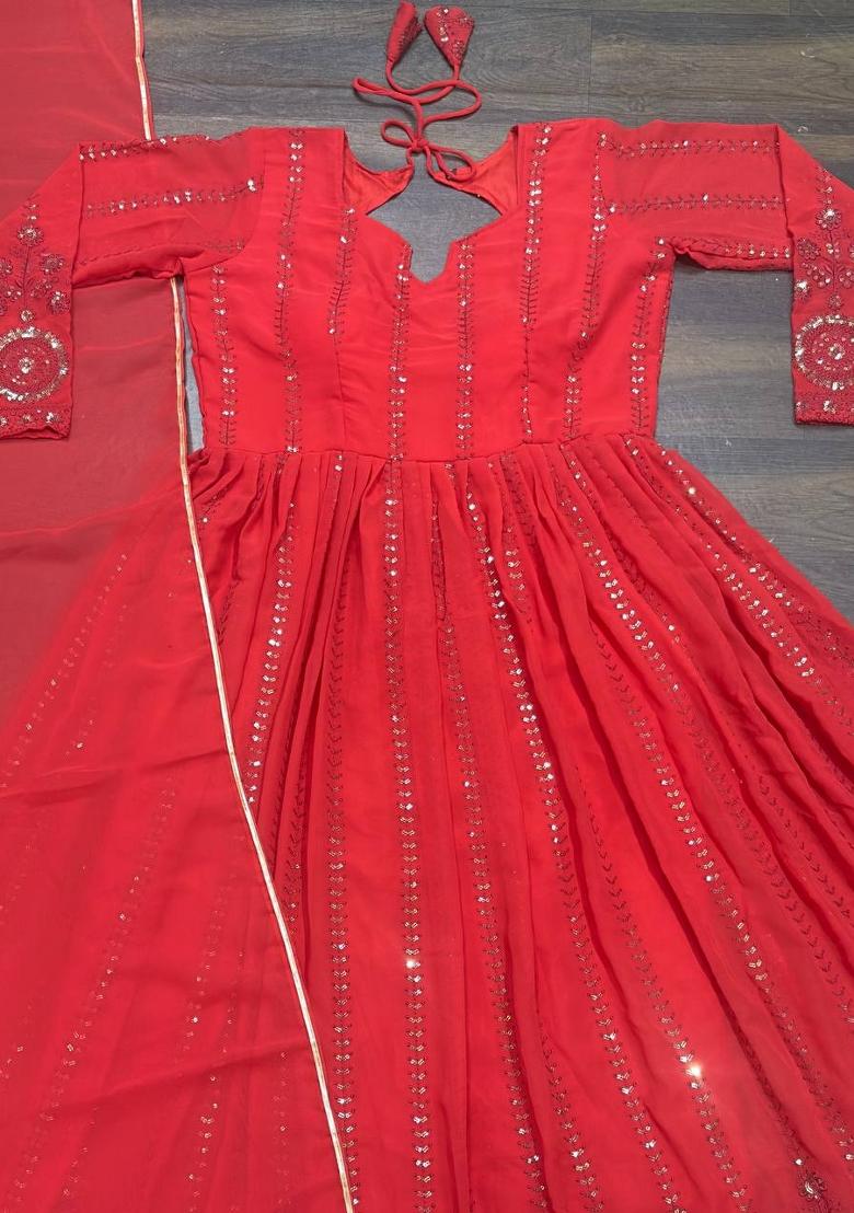Red Embroidered Faux Georgette Salwar Kameez With Dupatta