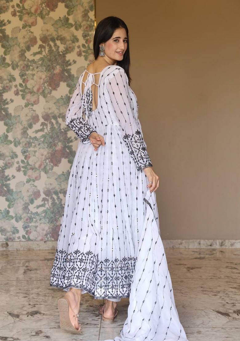 White Embroidered Faux Georgette Salwar Kameez With Dupatta