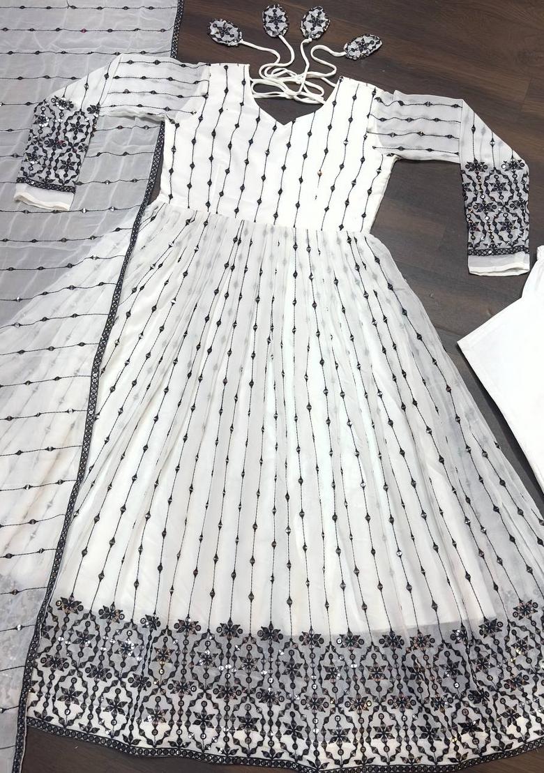White Embroidered Faux Georgette Salwar Kameez With Dupatta