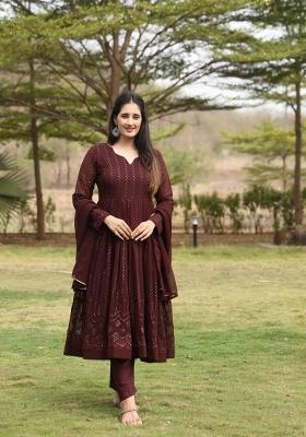 Wine Embroidered Georgette Salwar Kameez With Dupatta