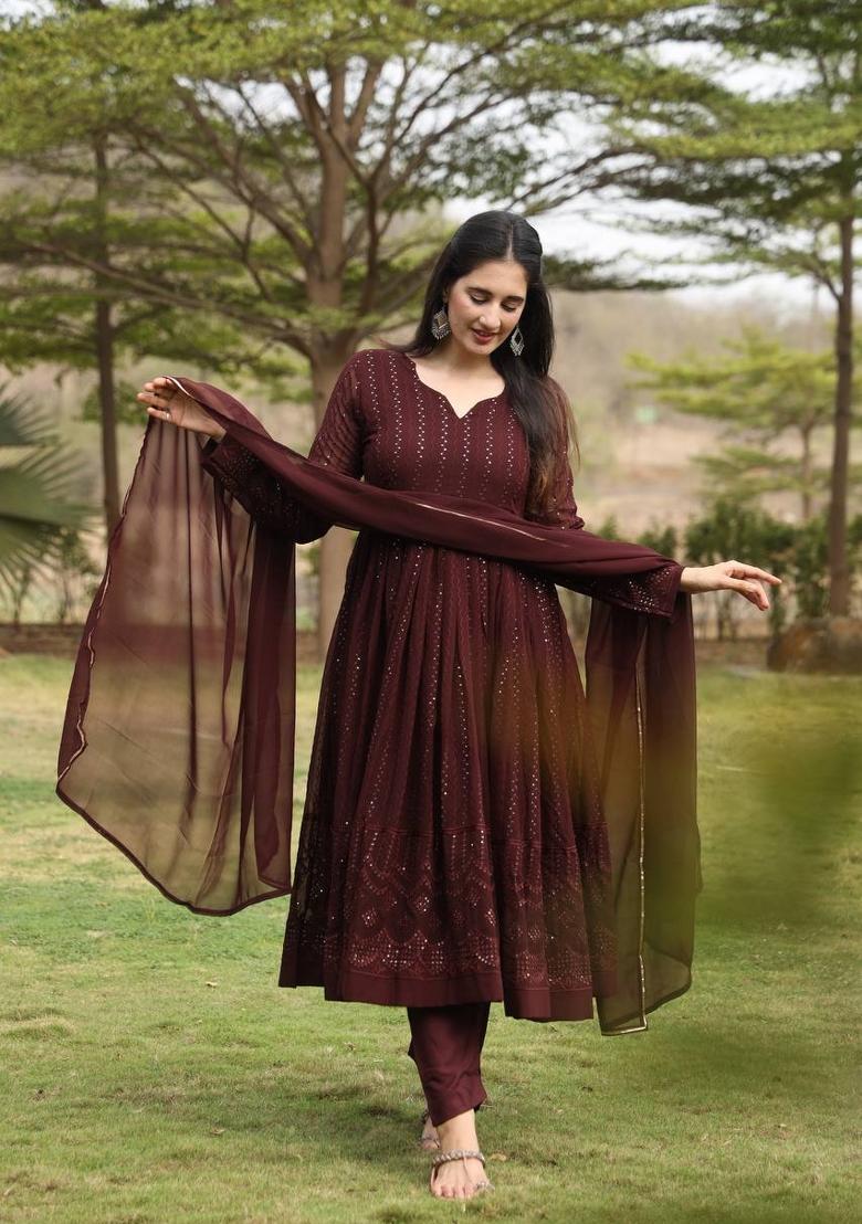 Wine Embroidered Georgette Salwar Kameez With Dupatta